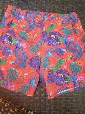 Gigo Red Tropical Print Swim Shorts Size Small Mens Boys 14-16